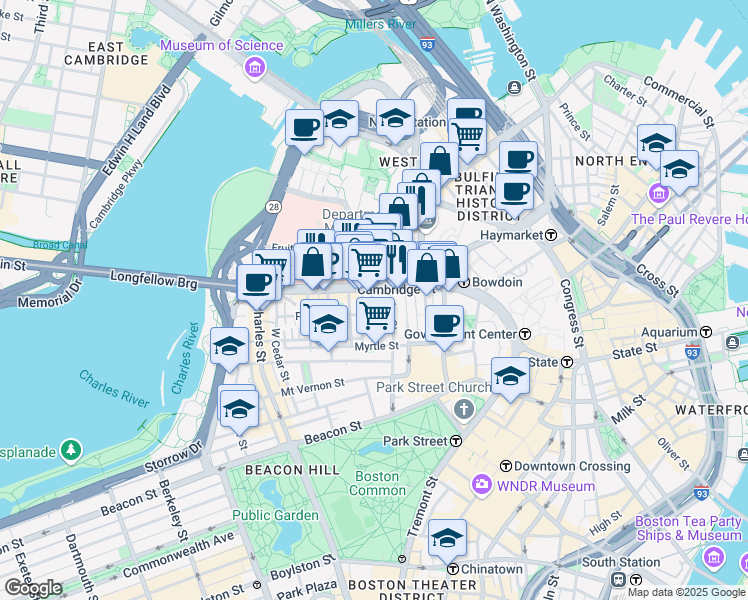 map of restaurants, bars, coffee shops, grocery stores, and more near 165 Cambridge Street in Boston