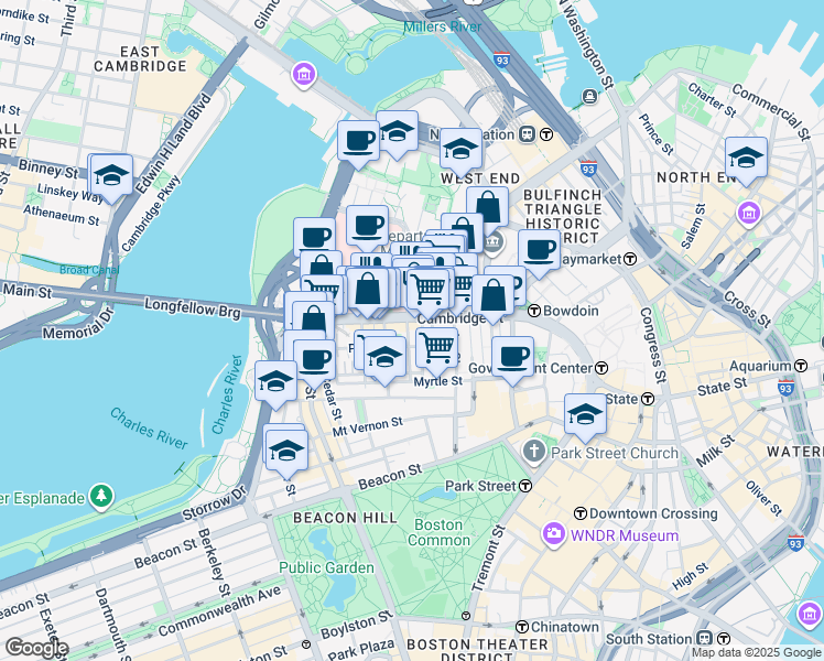 map of restaurants, bars, coffee shops, grocery stores, and more near 10-12 Blossom Street in Boston