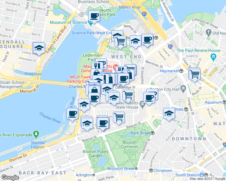 map of restaurants, bars, coffee shops, grocery stores, and more near in Boston