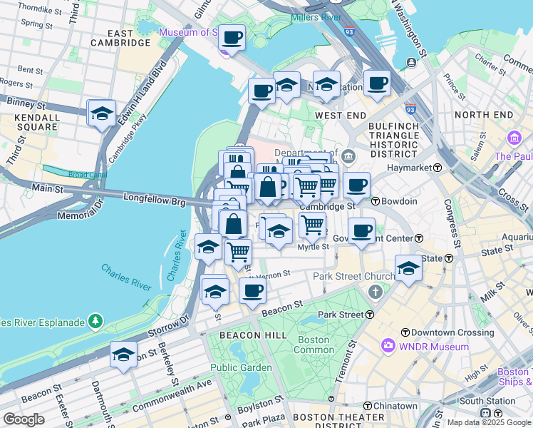 map of restaurants, bars, coffee shops, grocery stores, and more near 275 Cambridge Street in Boston
