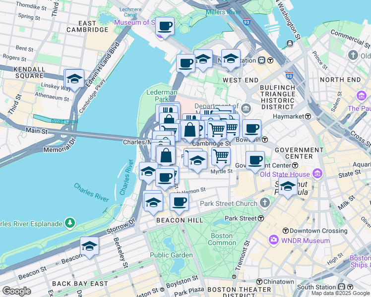 map of restaurants, bars, coffee shops, grocery stores, and more near in Boston