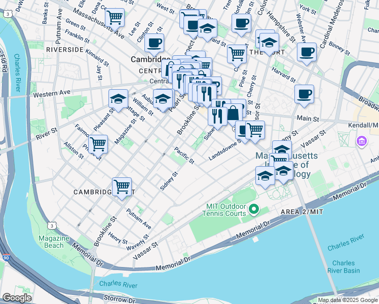 map of restaurants, bars, coffee shops, grocery stores, and more near 42 Pilgrim Street in Cambridge