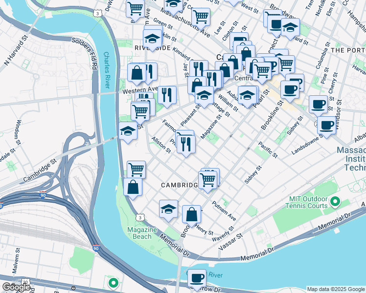 map of restaurants, bars, coffee shops, grocery stores, and more near 25 Fairmont Street in Cambridge