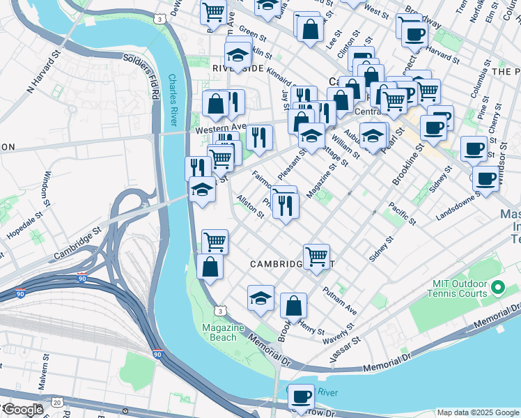 map of restaurants, bars, coffee shops, grocery stores, and more near 25 Andrew Street in Cambridge