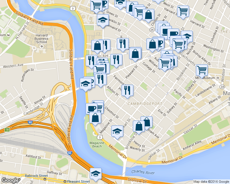 map of restaurants, bars, coffee shops, grocery stores, and more near 25 Andrew Street in Cambridge