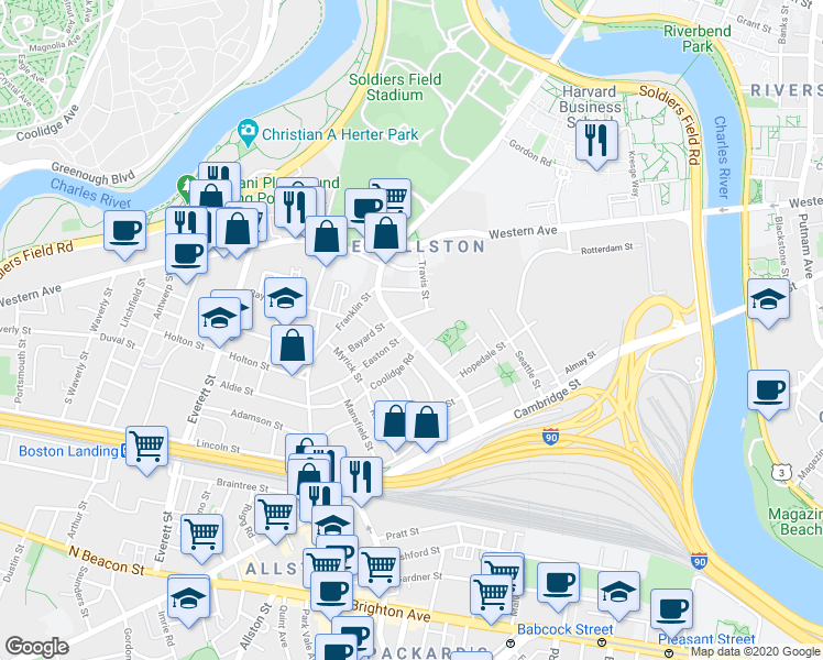 map of restaurants, bars, coffee shops, grocery stores, and more near 79 Rena Street in Boston