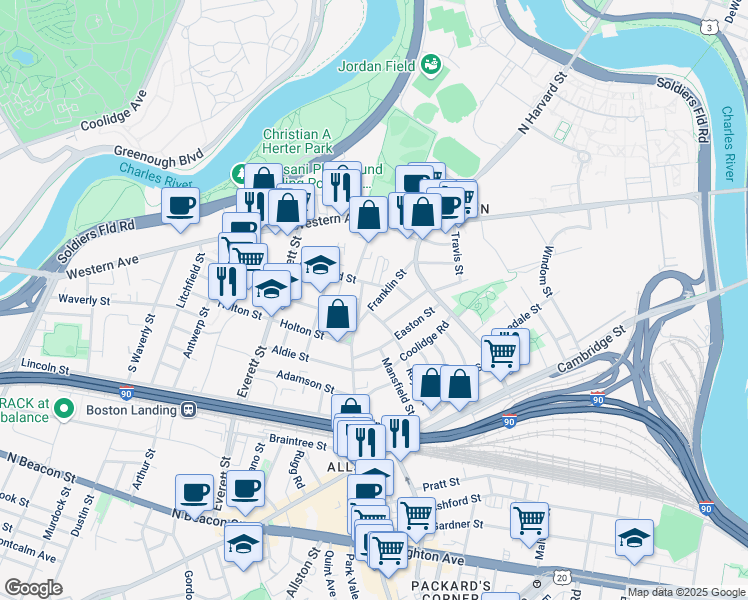 map of restaurants, bars, coffee shops, grocery stores, and more near 158-160 Franklin Street in Boston
