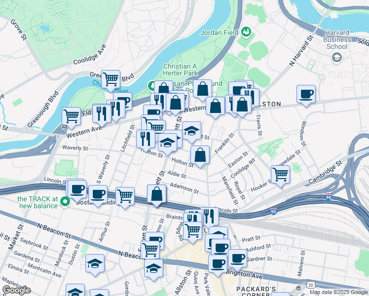 map of restaurants, bars, coffee shops, grocery stores, and more near 17 Raymond Street in Boston