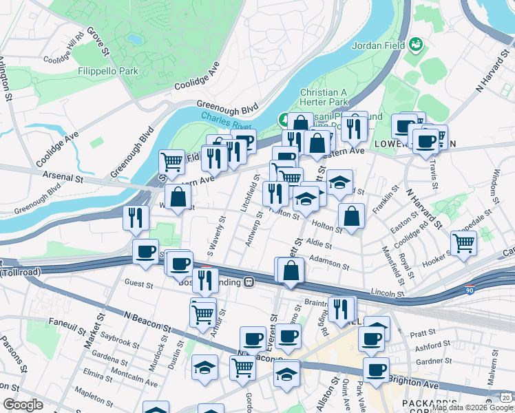 map of restaurants, bars, coffee shops, grocery stores, and more near 110 Antwerp Street in Boston