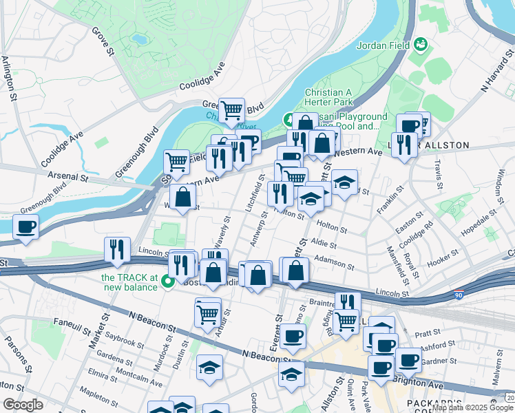 map of restaurants, bars, coffee shops, grocery stores, and more near 96 Litchfield Street in Boston