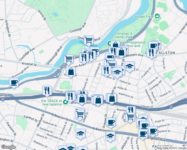 map of restaurants, bars, coffee shops, grocery stores, and more near 96 Litchfield Street in Boston
