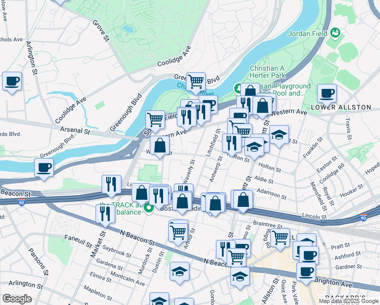 map of restaurants, bars, coffee shops, grocery stores, and more near 16 Abby Road in Boston