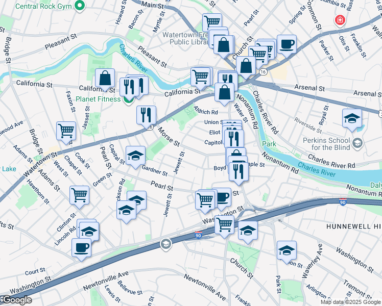 map of restaurants, bars, coffee shops, grocery stores, and more near 105 Union Street in Watertown