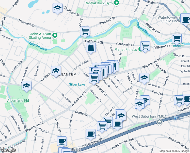 map of restaurants, bars, coffee shops, grocery stores, and more near 124 Bridge Street in Newton