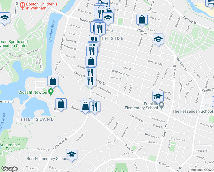 map of restaurants, bars, coffee shops, grocery stores, and more near 255 Lowell Street in Waltham