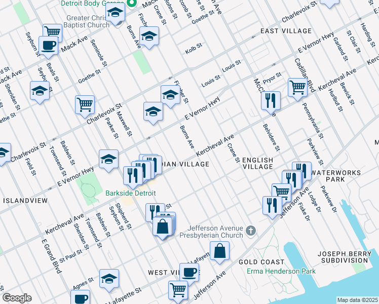 map of restaurants, bars, coffee shops, grocery stores, and more near 2165 Burns Avenue in Detroit