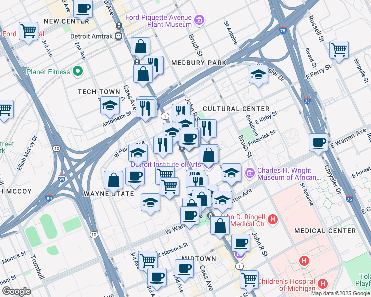 map of restaurants, bars, coffee shops, grocery stores, and more near 5510 Woodward Avenue in Detroit