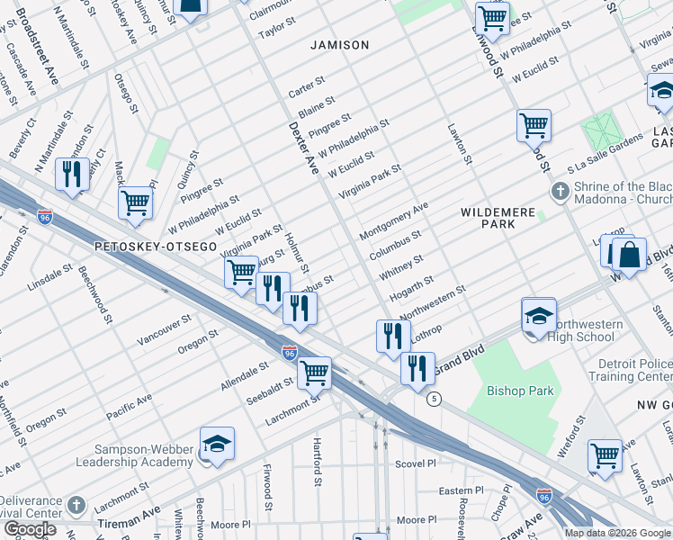map of restaurants, bars, coffee shops, grocery stores, and more near 8037 Dexter Avenue in Detroit