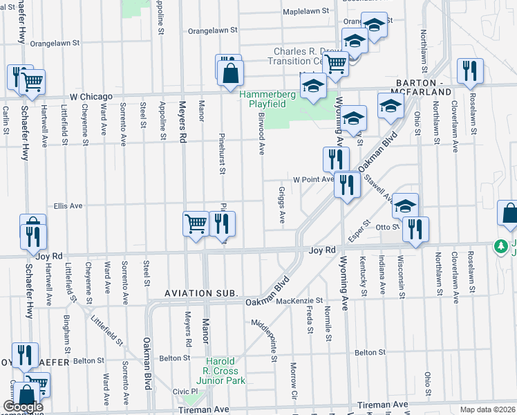map of restaurants, bars, coffee shops, grocery stores, and more near 9117 Birwood Street in Detroit