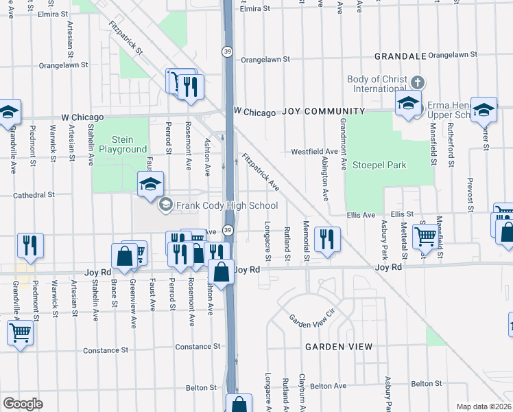 map of restaurants, bars, coffee shops, grocery stores, and more near 9201 Archdale Street in Detroit