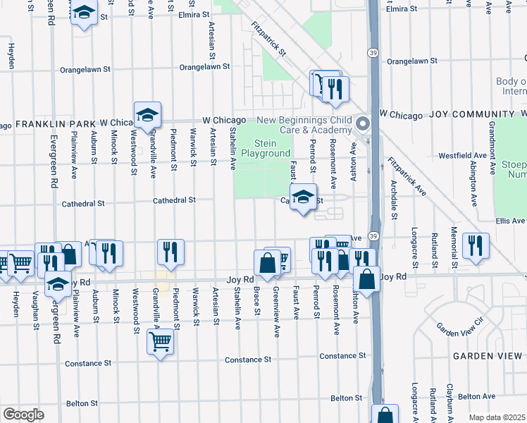 map of restaurants, bars, coffee shops, grocery stores, and more near 9119 Greenview Avenue in Detroit