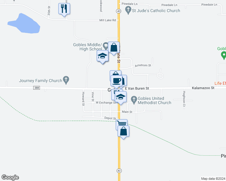 map of restaurants, bars, coffee shops, grocery stores, and more near in Gobles