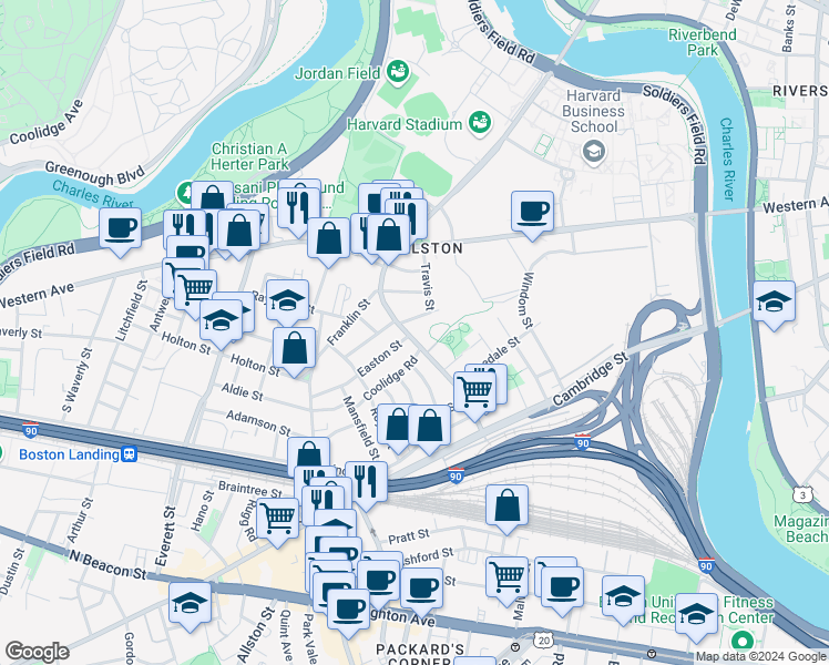 map of restaurants, bars, coffee shops, grocery stores, and more near 276 North Harvard Street in Boston