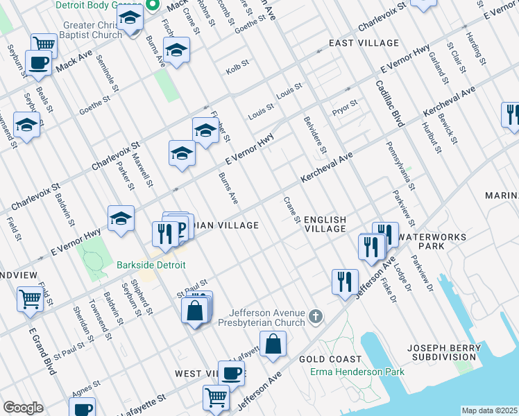 map of restaurants, bars, coffee shops, grocery stores, and more near 2133 Fischer Street in Detroit