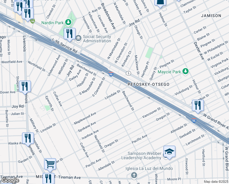 map of restaurants, bars, coffee shops, grocery stores, and more near 4904 Edmonton Street in Detroit