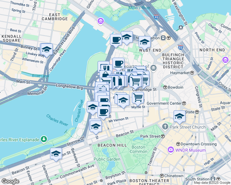 map of restaurants, bars, coffee shops, grocery stores, and more near 275 Cambridge Street in Boston