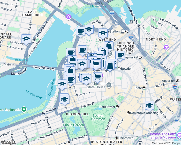 map of restaurants, bars, coffee shops, grocery stores, and more near 10-12 Blossom Street in Boston