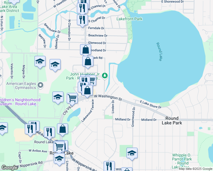 map of restaurants, bars, coffee shops, grocery stores, and more near 714 North Lakeview Drive in Round Lake