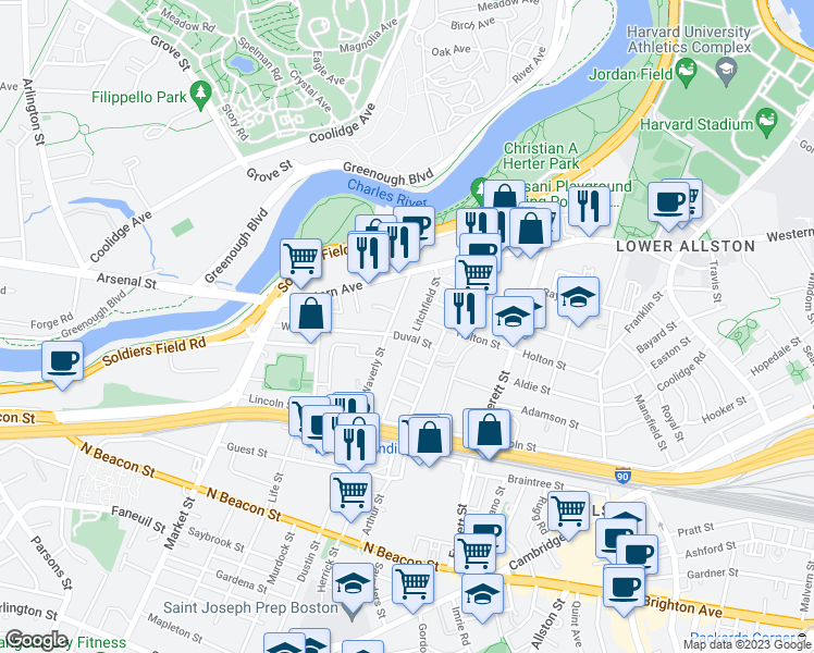 map of restaurants, bars, coffee shops, grocery stores, and more near 96 Litchfield Street in Boston