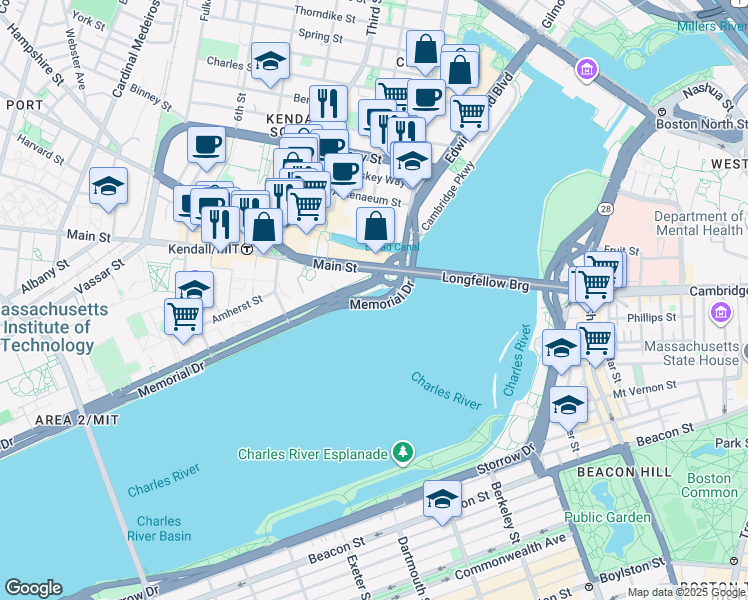 map of restaurants, bars, coffee shops, grocery stores, and more near Massachusetts 3 in Cambridge
