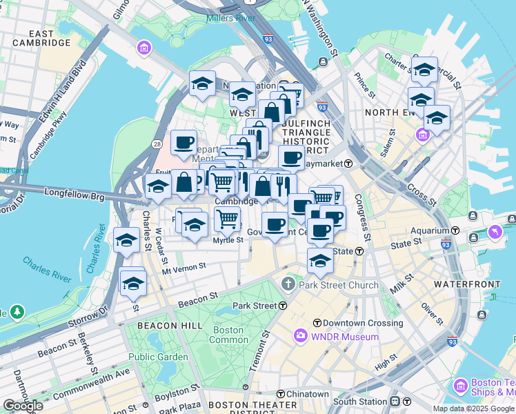map of restaurants, bars, coffee shops, grocery stores, and more near 131A Cambridge Street in Boston