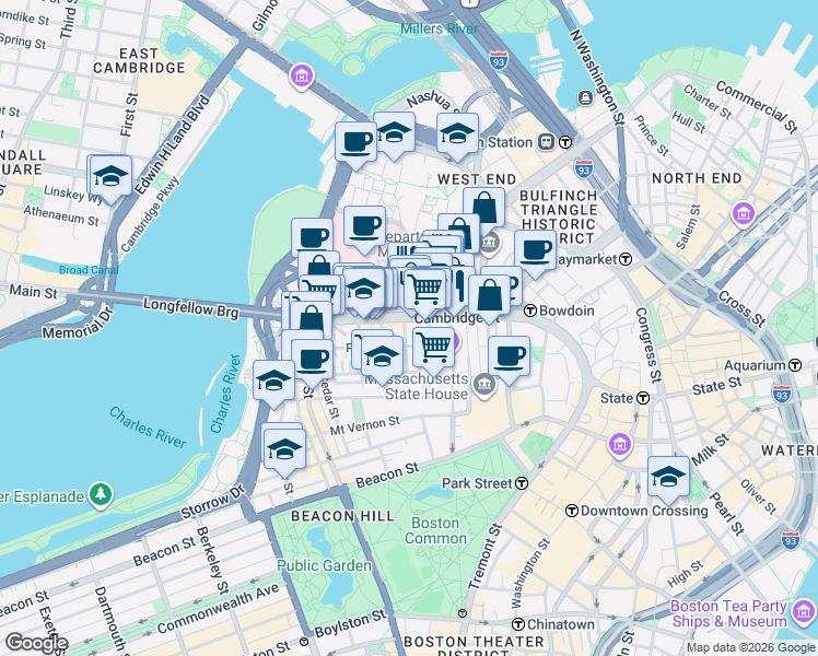 map of restaurants, bars, coffee shops, grocery stores, and more near 10-12 Blossom Street in Boston