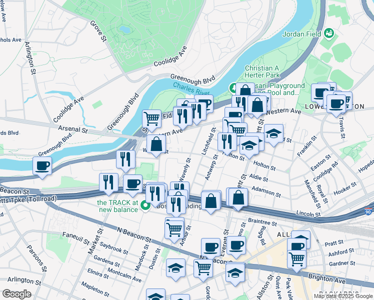 map of restaurants, bars, coffee shops, grocery stores, and more near 16 Abby Road in Boston