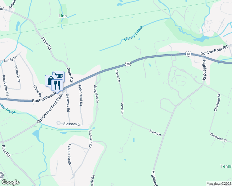 map of restaurants, bars, coffee shops, grocery stores, and more near 96 Love Lane in Weston