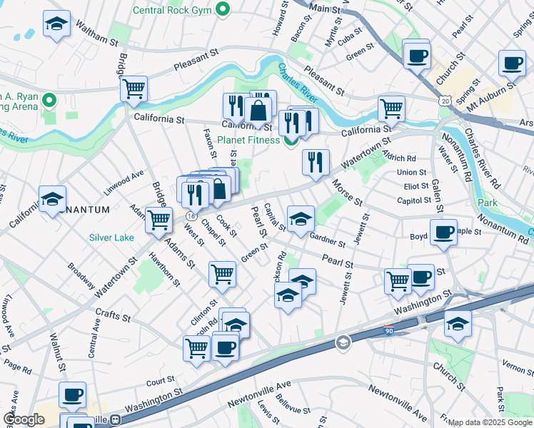 map of restaurants, bars, coffee shops, grocery stores, and more near 4 Capital Street in Newton