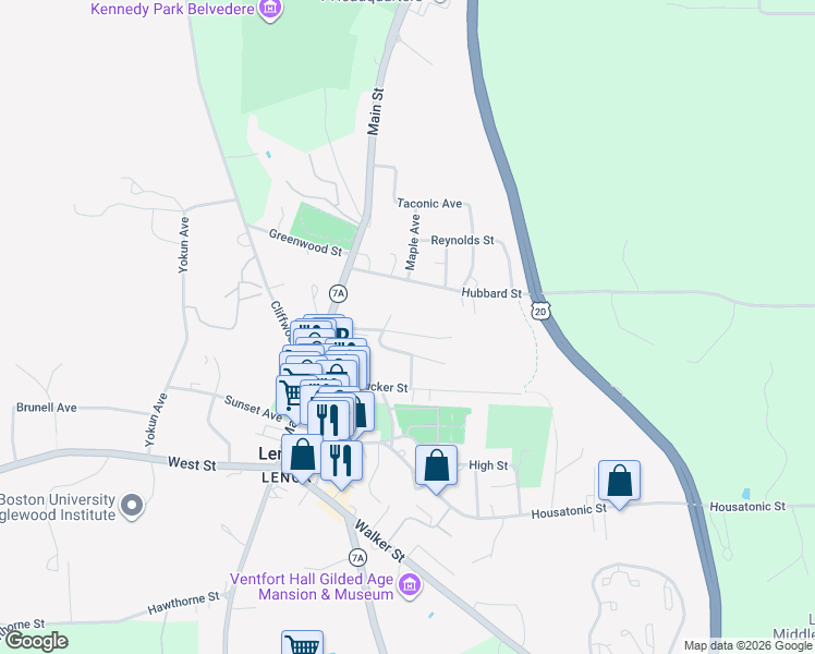 map of restaurants, bars, coffee shops, grocery stores, and more near 32 Hubbard Street in Lenox