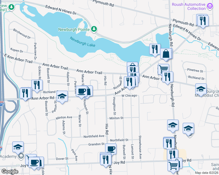 map of restaurants, bars, coffee shops, grocery stores, and more near 9746 Houghton Street in Livonia