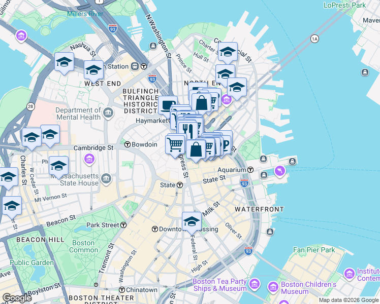 map of restaurants, bars, coffee shops, grocery stores, and more near 19 Union Street in Boston