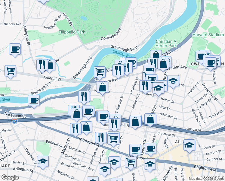 map of restaurants, bars, coffee shops, grocery stores, and more near in Boston