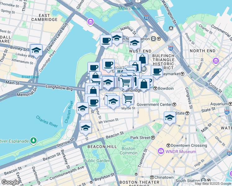 map of restaurants, bars, coffee shops, grocery stores, and more near 250 Cambridge Street in Boston