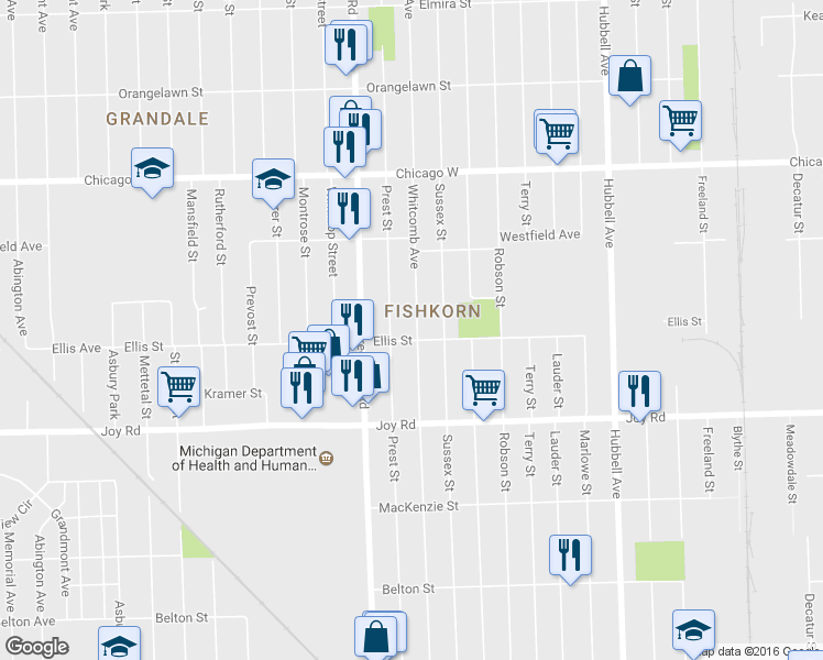map of restaurants, bars, coffee shops, grocery stores, and more near 9115 Whitcomb Street in Detroit