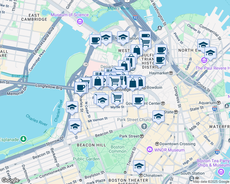 map of restaurants, bars, coffee shops, grocery stores, and more near 165 Cambridge Street in Boston
