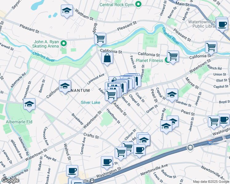 map of restaurants, bars, coffee shops, grocery stores, and more near 124 Bridge Street in Newton