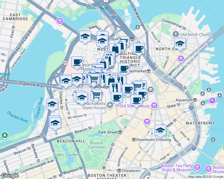 map of restaurants, bars, coffee shops, grocery stores, and more near 131A Cambridge Street in Boston