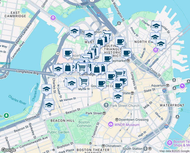 map of restaurants, bars, coffee shops, grocery stores, and more near 131A Cambridge Street in Boston