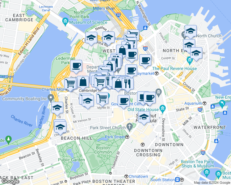 map of restaurants, bars, coffee shops, grocery stores, and more near 131A Cambridge Street in Boston